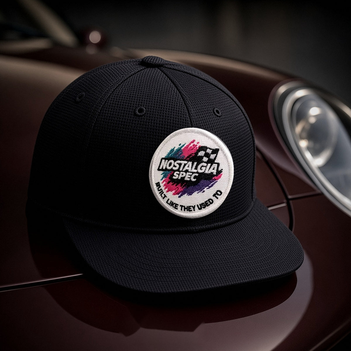 Nostalgia Spec Heritage Patch Hat on a maroon Porsche 911 hood
