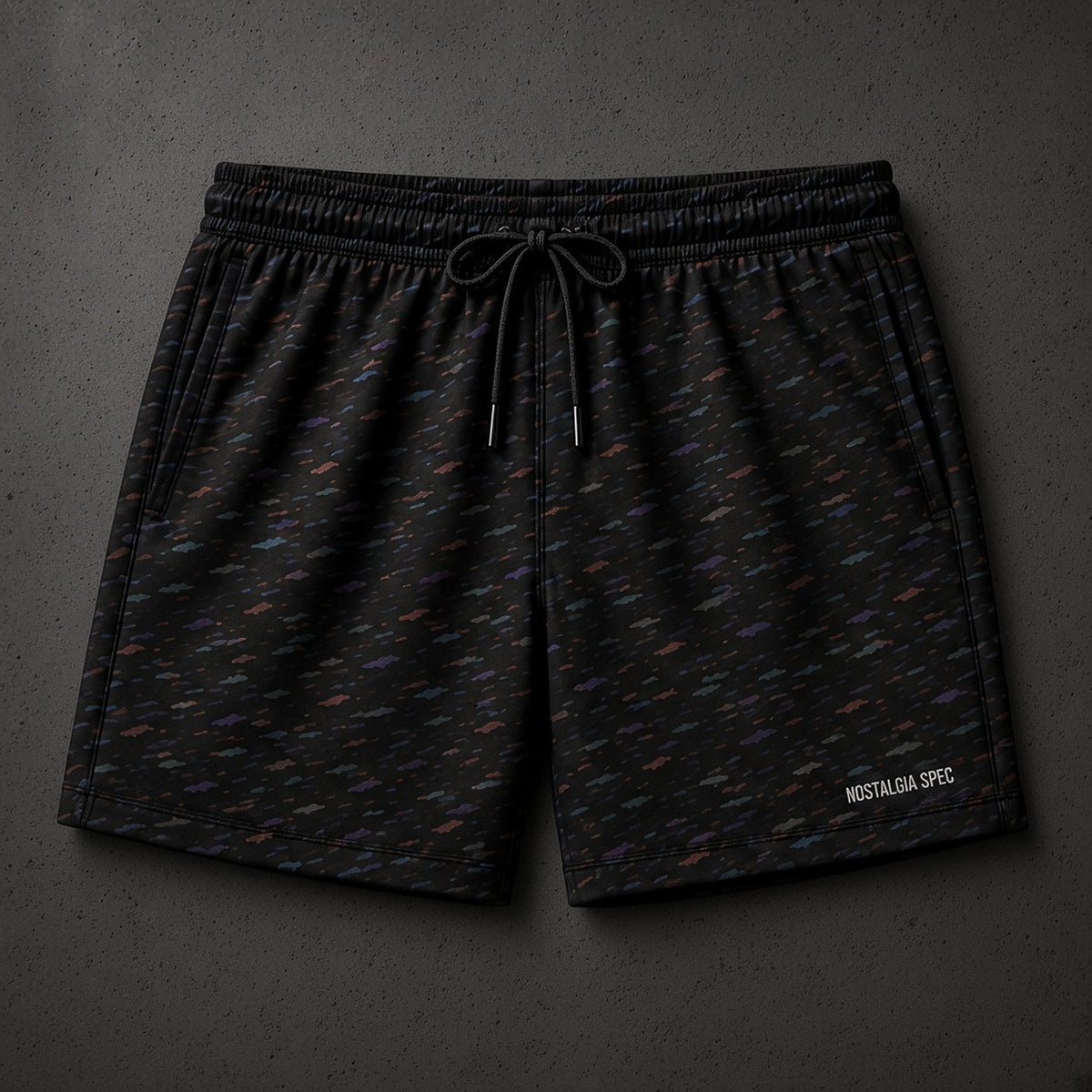 Nostalgia Spec Confetti Throwback Shorts, overhead product photo